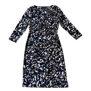 Lauren Ralph Lauren Cocktail Dress Womens 8 Blue White Stretch Ruched 1/2 Sleeve